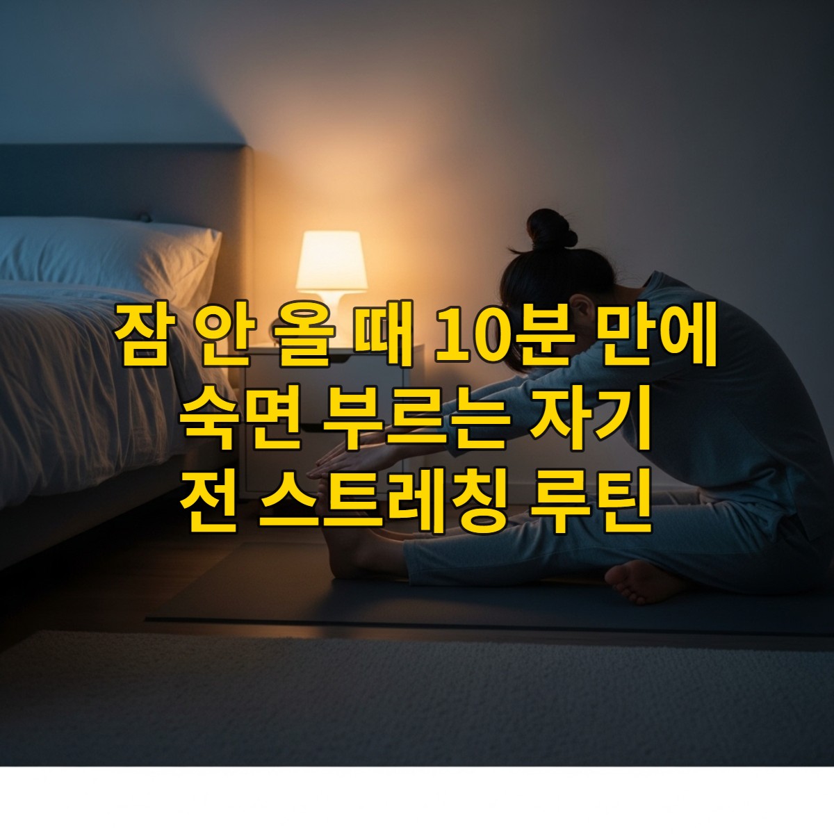 고요한 침실에서 요가 매트 위에서 자기 전 숙면을 위한 이완 스트레칭을 하는 사람의 모습. 편안하고 부드러운 분위기가 느껴진다.