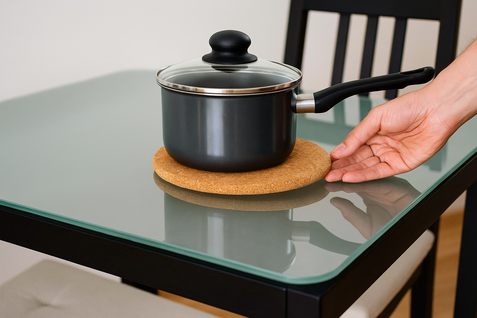 유리 식탁 위 코르크 냄비받침에 냄비를 올리는 손