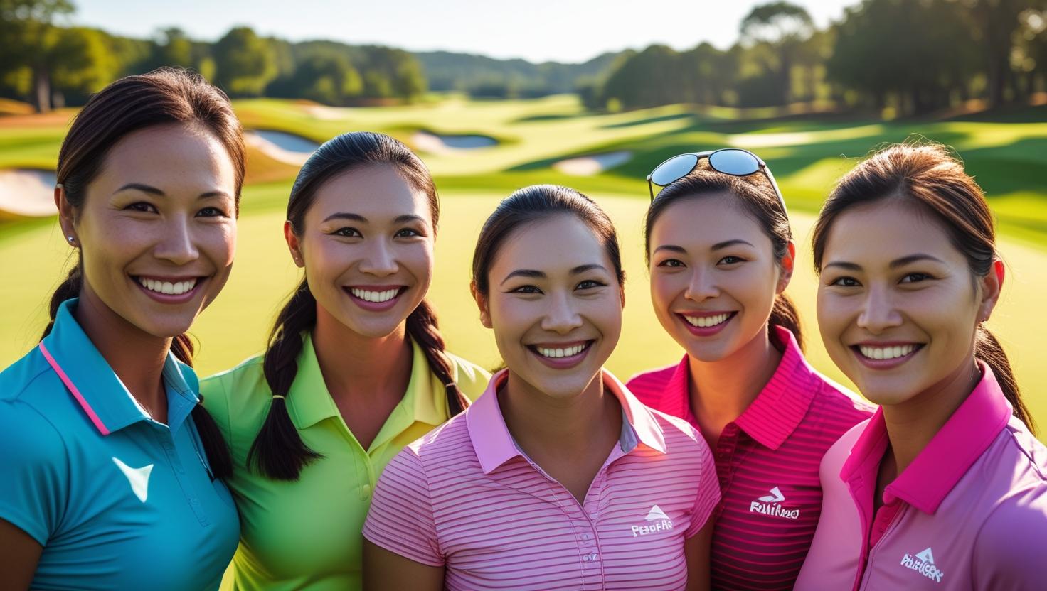 골프 코트에서 웃고 있는 골퍼들