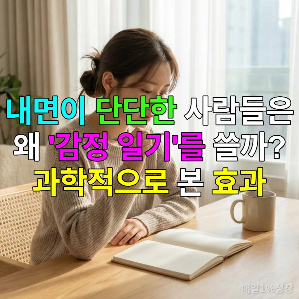 밝은 방에서 감정 일기를 쓰는 차분한 표정의 한국 여성