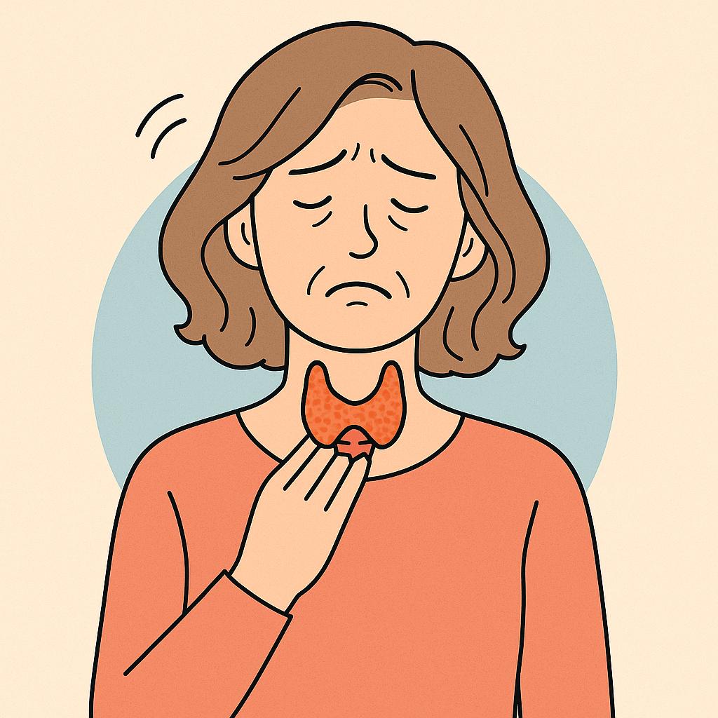 목부분의 갑상선위치에 손을 대고 있는 중년 갱년기 여성의 모습 만화체 그림