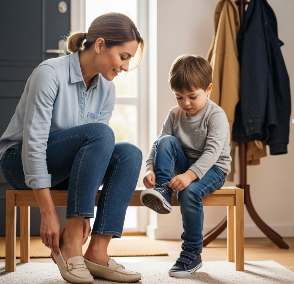아이랑 엄마가 신발을 신고 있는 모습