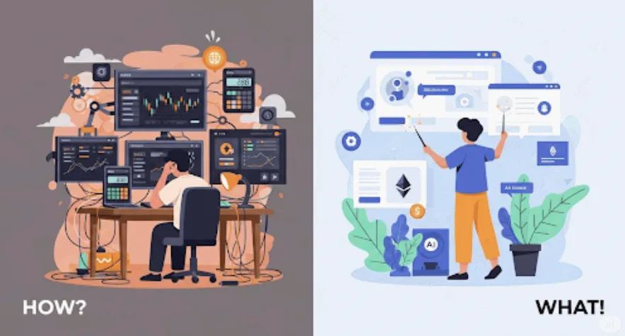 블록체인 사용자 경험 비교 일러스트: 왼쪽은 복잡한 전통적 방식으로 여러 모니터와 복잡한 인터페이스 앞에서 고민하는 사용자와 'HOW?' 텍스트, 오른쪽은 간단한 Intent 기반 방식으로 깔끔한 환경에서 편안하게 목표를 달성하는 사용자와 'WHAT!' 텍스트를 보여주는 분할 화면 (Split-screen illustration comparing blockchain user experience: left side shows traditional complex method with user struggling at multiple monitors and complex interfaces with 'HOW?' text, right side shows simple Intent-based approach with user comfortably achieving goals in clean environment with 'WHAT!' text)