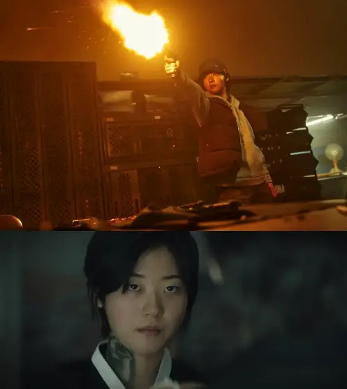 폭군 1회 2화 액션 장면. 샘플 탈취를 위한 총격전 muzzle flash와 압도적인 살기를 뿜어내는 킬러 채자경의 전투력 묘사"