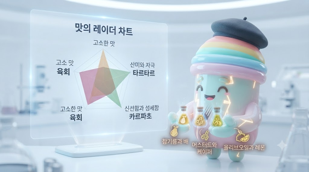 쫀쿠가 '맛의 연구소' 대형 스크린 앞에 섰습니다. 스크린에는 육회(고소함), 타르타르(산미), 카르파초(신선함)의 풍미 프로필이 레이더 차트로 비교되어 있습니다. 쫀쿠는 세 가지 요리의 핵심 재료인 '참기름-배', '케이퍼-머스터드', '올리브오일-레몬'이 그려진 삼각 플라스크를 양손과 머리 위에 하나씩 들고, 세 요리가 추구하는 맛의 철학이 확연히 다름을 설명하고 있습니다.