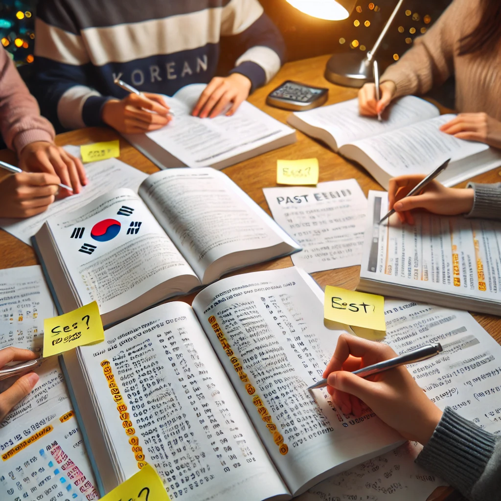 학생들이 책상 위에 펼친 교재와 노트를 활용하며 한국사 능력 검정시험 기출문제를 함께 푸는 모습. 토론과 학습이 활발히 진행되는 장면