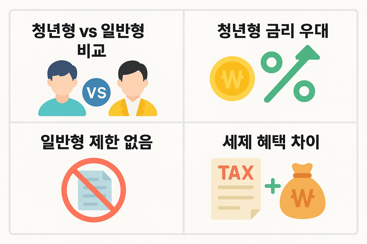 청년형의 금리우대, 세제혜택, 일반형 제한 없음 등 차이를 명확히 정리한 비교형 인포그래픽