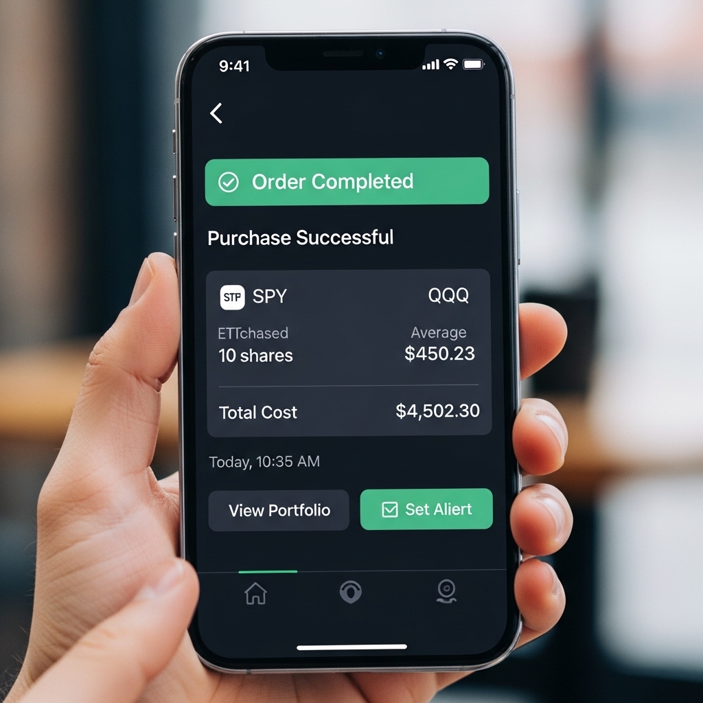 스마트폰으로 ETF 매수 주문을 완료하는 모습이 담긴 모바일 트레이딩 앱 화면