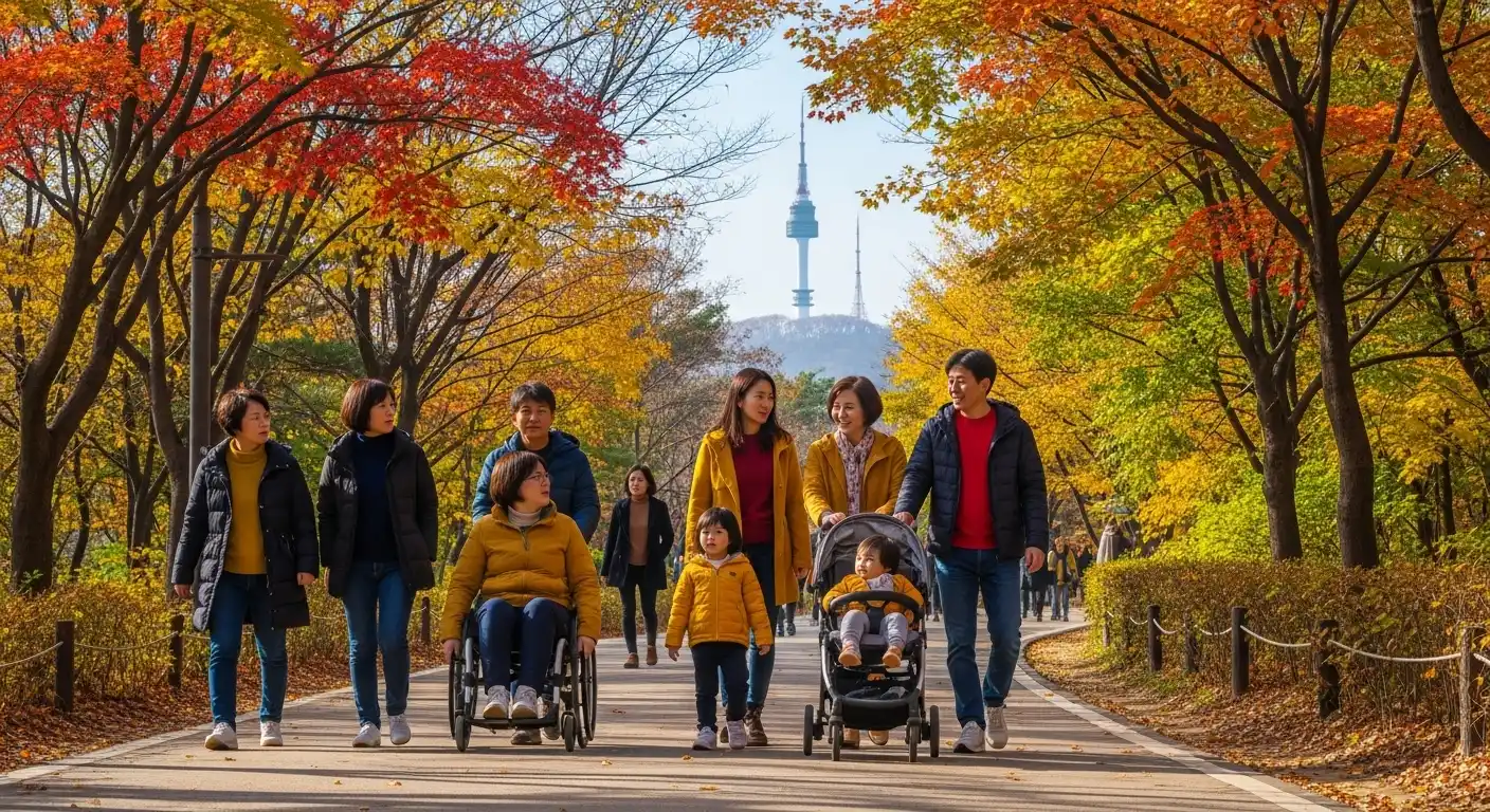 남산-무장애-산책로를-나란히-걷고-있는-시민들의-모습-흴체어를-탄-장애인과-유모차를-탄-아이까지-모두-평화롭게-산책하고-있는-AI이미지