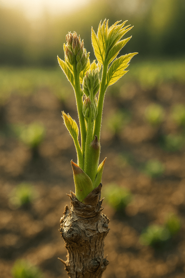 햇살 아래 밭에서 자라는 두릅나무 새순