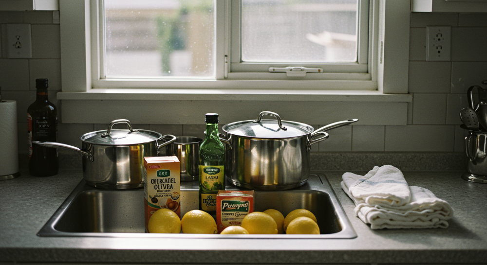 새 스테인리스 주방용품의 연마제를 안전하게 제거하기 위해 식용유, 베이킹소다, 식초 등의 재료를 준비하고 깨끗하게 관리하는 모습을 담은 이미지