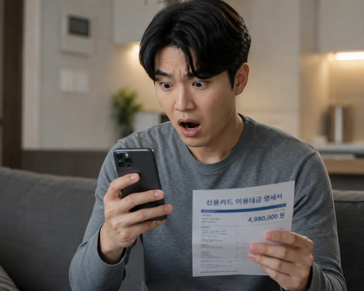카드값이 많이 나와 놀라는 사람 모습
