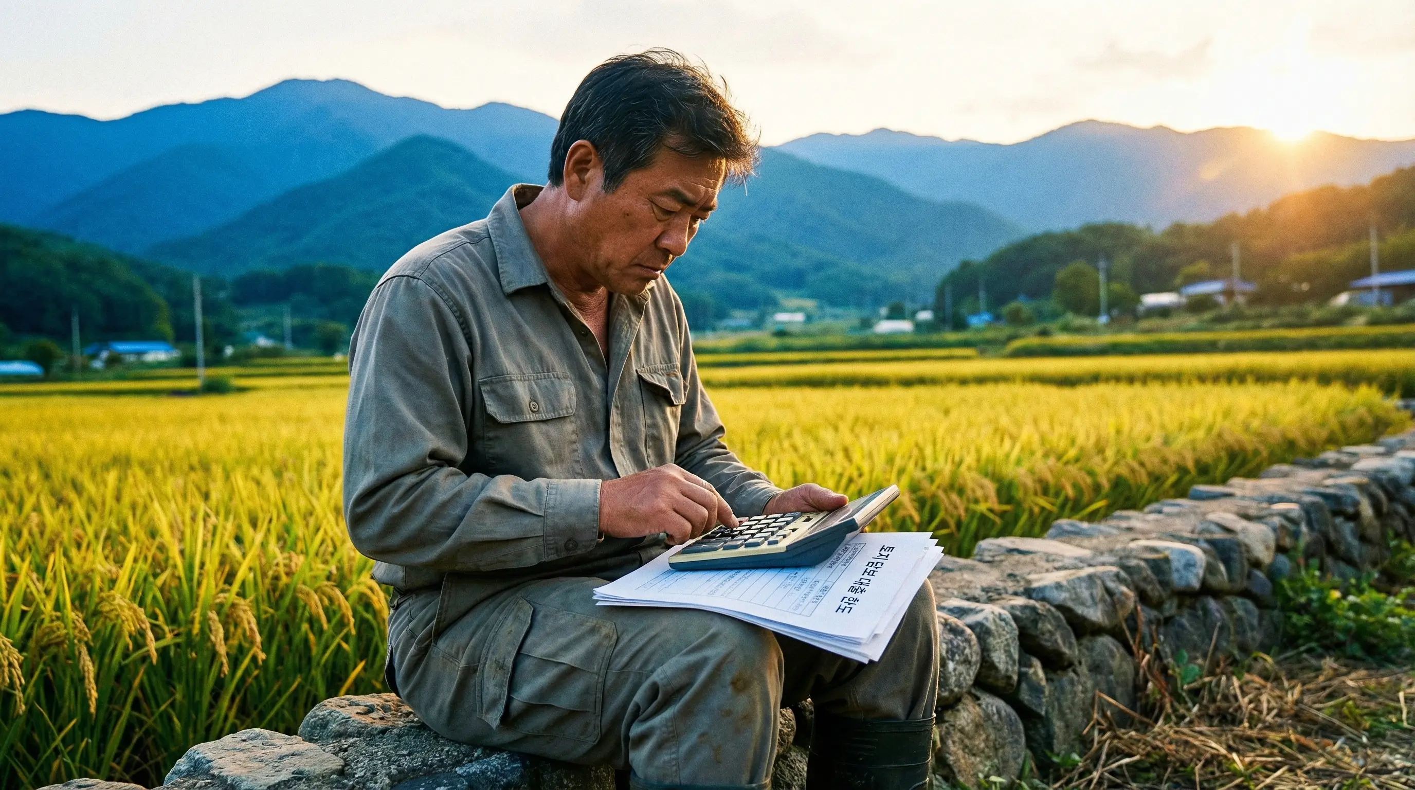 푸른 산과 논밭을 배경으로 계산기를 두드리며 토지 담보 대출 한도를 고민하는 소유주의 모습
