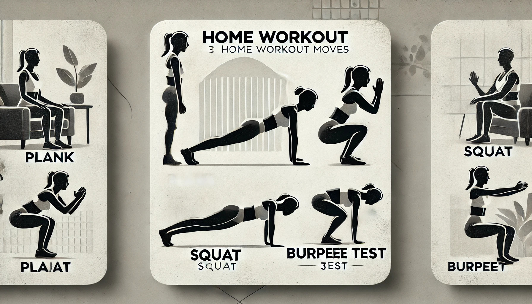 플랭크, 스쿼트, 버피 테스트를 하는 사람들의 실루엣. 간단한 홈트레이닝을 강조하는 이미지.