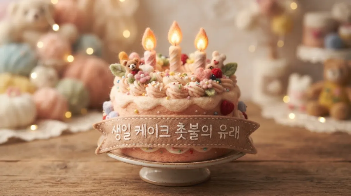 니들 펠트 양모 스타일로 표현된 촛불이 켜진 생일 케이크와 한글로 '생일 케이크 촛불의 유래'라고 적힌 따뜻한 분위기 이미지