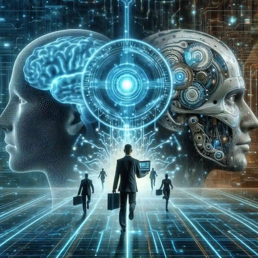 인공지능(AI)과 인간 뇌의 상호작용을 나타내는 뇌 이미지와 기계 학습 요소가 결합된 시각적 표현
