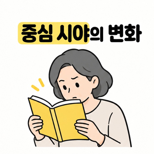 중심 시야의 변화를 확인하자는 문구와 글자를 살펴보는 독자 일러스트
