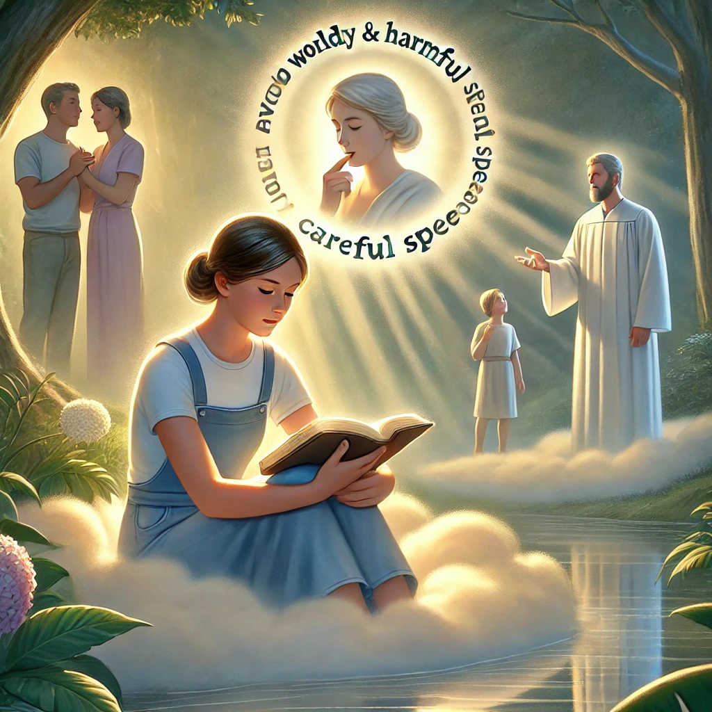 하나님의 말씀을 묵상하며 언행을 점검하고, 다른 사람들에게 은혜를 끼치려는 모습을 따뜻하고 조용한 분위기로 표현했습니다. 이 그림이 오늘 하루의 결단을 돕는 데 유익하길 바랍니다.