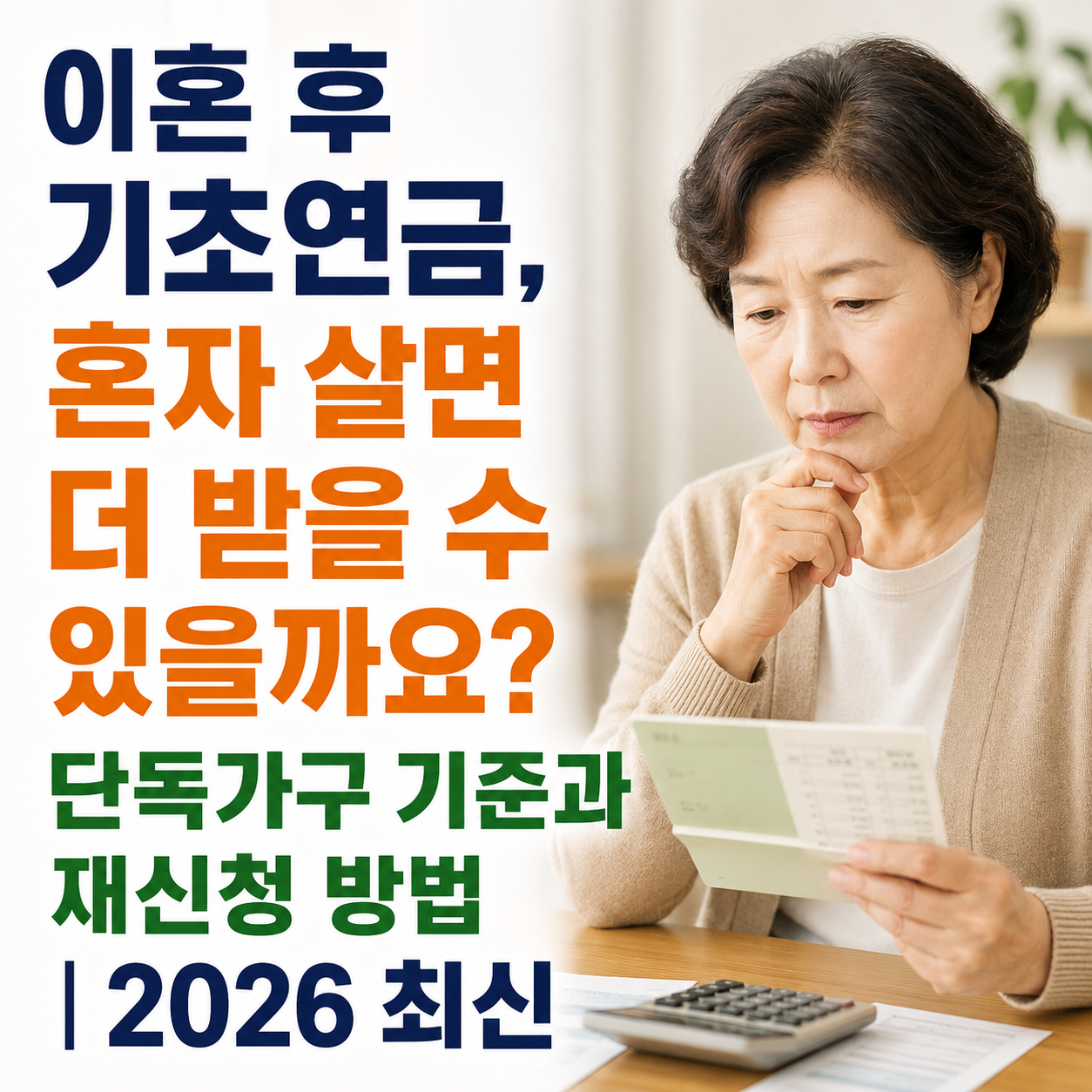이혼 후 기초연금, 혼자 살면 더 받을 수 있을까요? 단독가구 기준과 재신청 방법|2026 최신