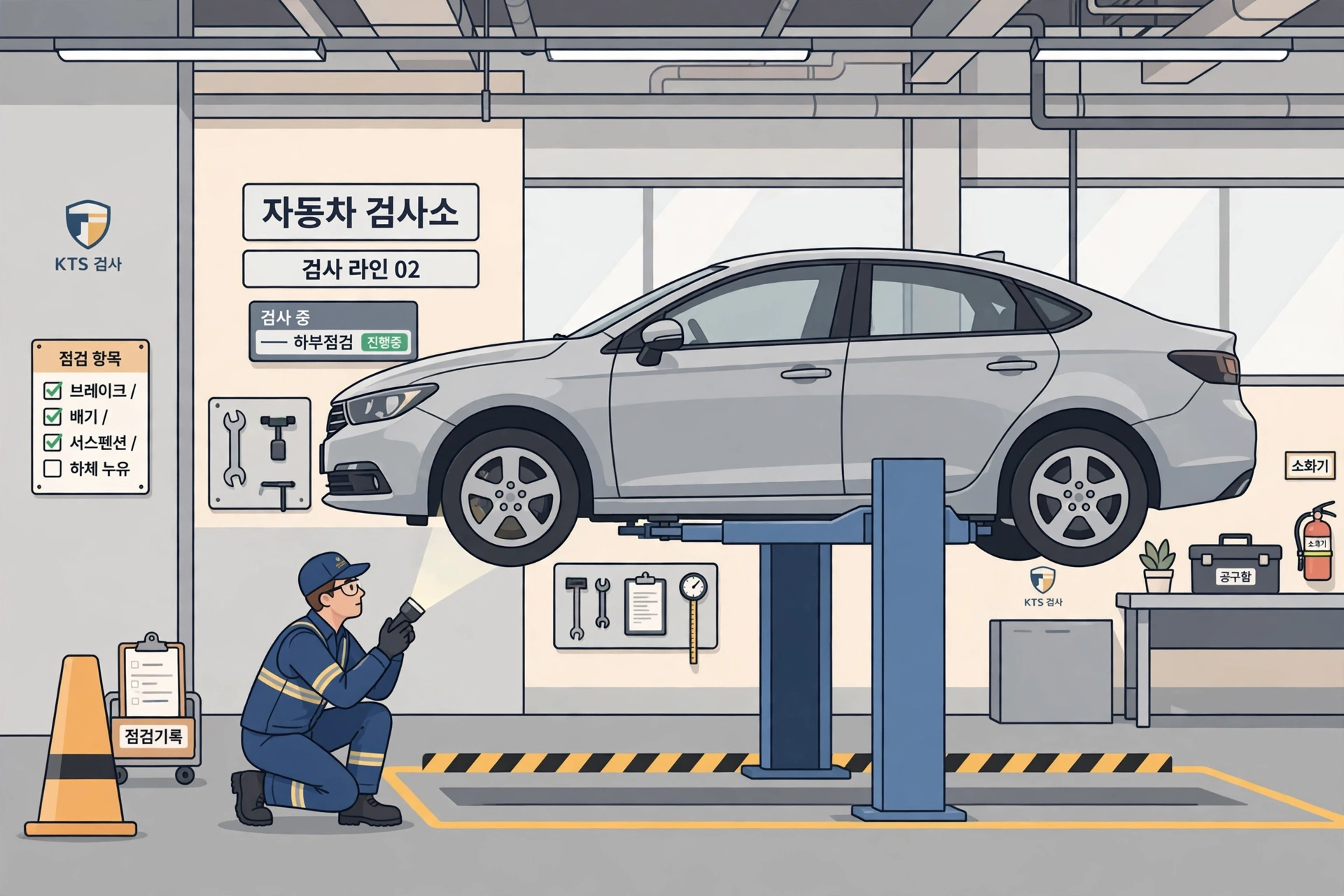 자동차 검사소 검사 라인에서 점검받는 차량