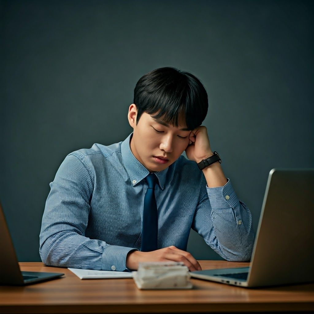 춘곤증으로 꾸벅꾸벅 졸고 있는 남성 직장인 사진