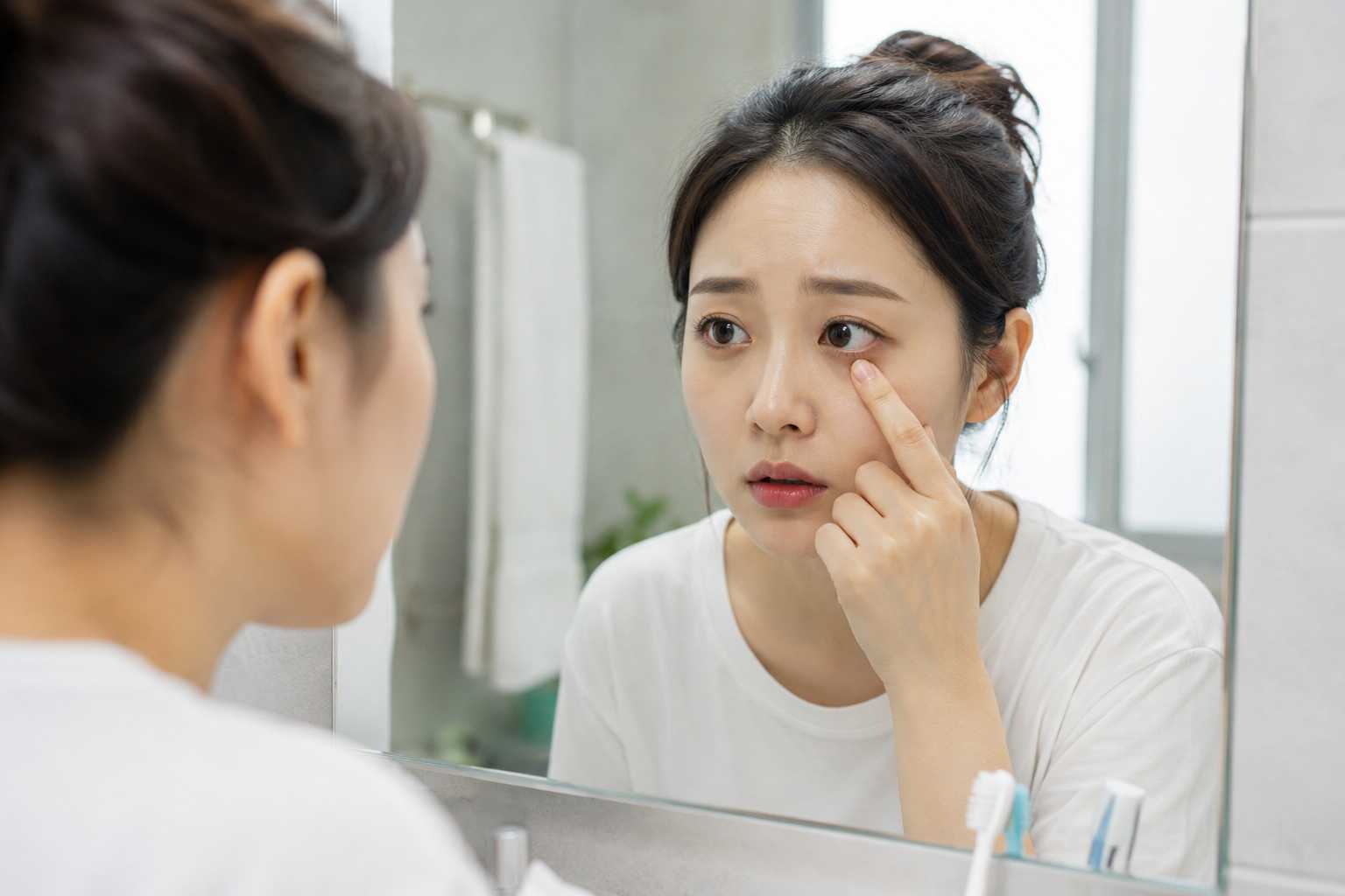 아침에 거울을 보면서 충혈된 눈을 확인하는 모습