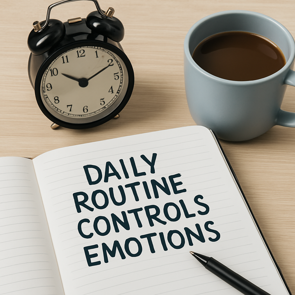밝은 나무 책상 위에 놓인 다이어리. 'Daily routine controls emotion'라는 문구가 적혀있고, 자명종 시계와 머그잔이 놓여있는 아침 루틴 장면