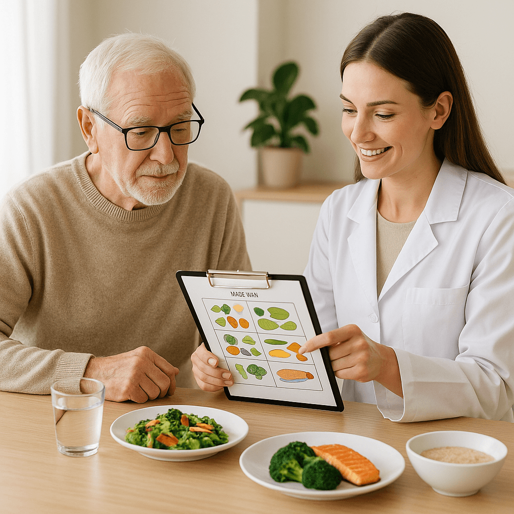 노인이 식탁에 앉아 영양사와 함께 식단을 살펴보는 장면(출처**자체제작)