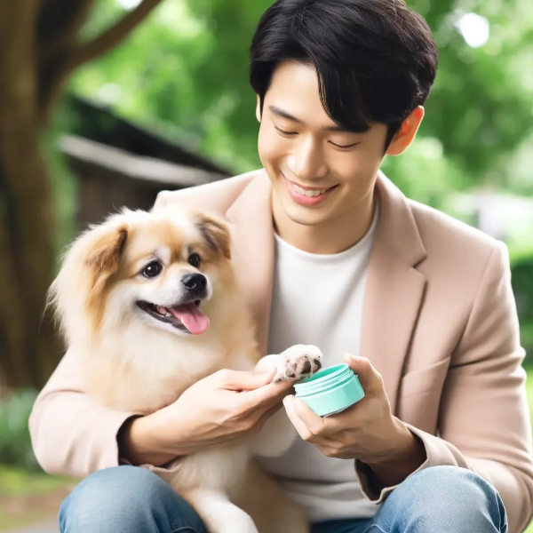 공원에서 강아지 발바닥에 밤을 바르는 동양인 남성