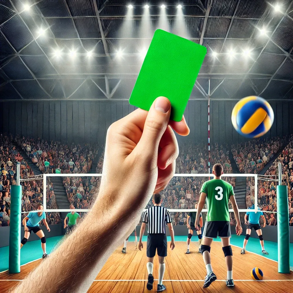 배구 경기에서 선수들을 향한 그린카드 사용 장면