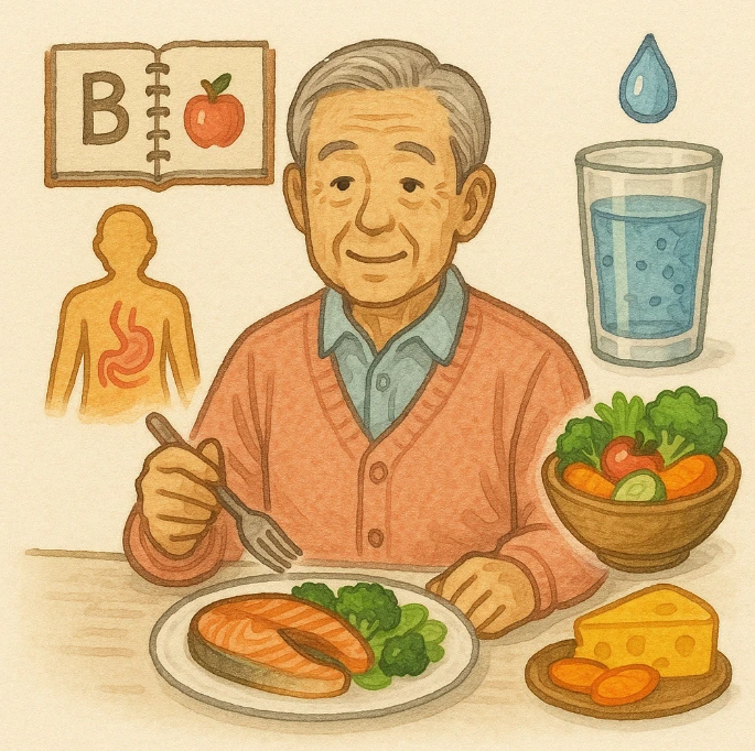 여러 건강식단들을 먹고 있는 할아버지 사진