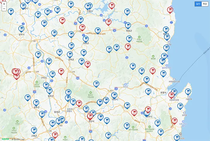 대구 경북지역 오일장 지도 보기