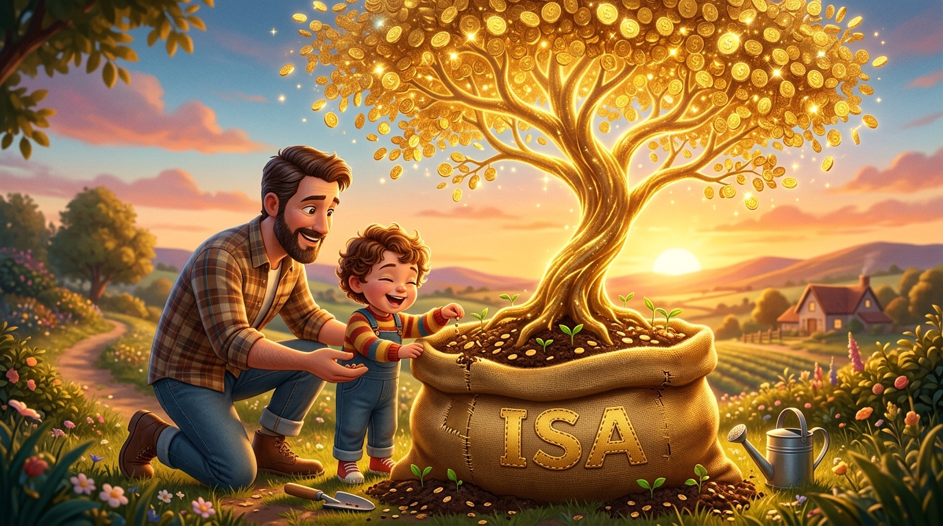 아빠와 아이가 나란히 앉아 커다란 황금 주머니(ISA)에 씨앗을 심고, 그 주머니에서 5배 큰 황금 나무가 자라나는 따뜻한 감성의 3D 일러스트