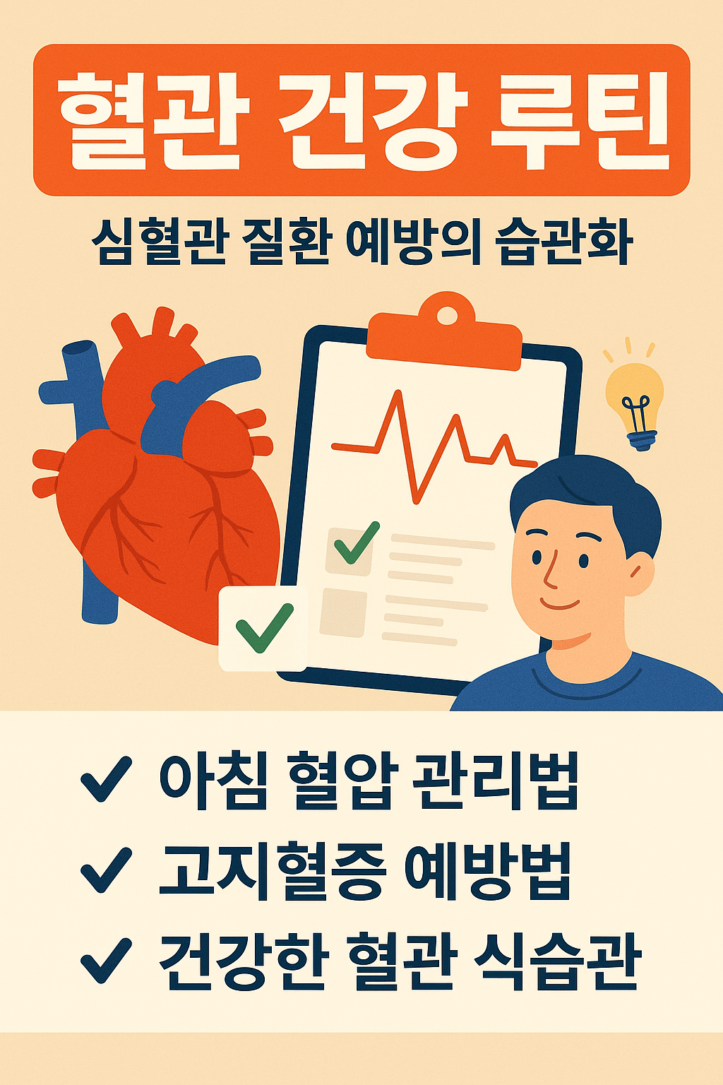 혈관 건강 루틴을 소개하는 한국어 인포그래픽 – 심혈관 질환 예방을 위한 생활습관을 담은 디지털 이미지