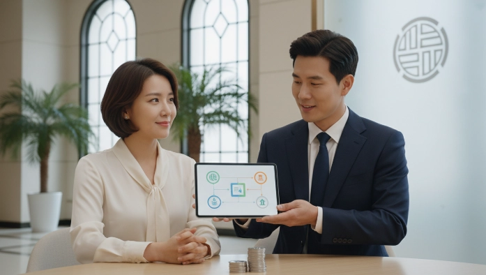 베트남 현지 한국계 은행에서 한국인 직원이 고객에게 자금 송금 절차와 환전 수수료 절감 팁을 안내하는 이미지