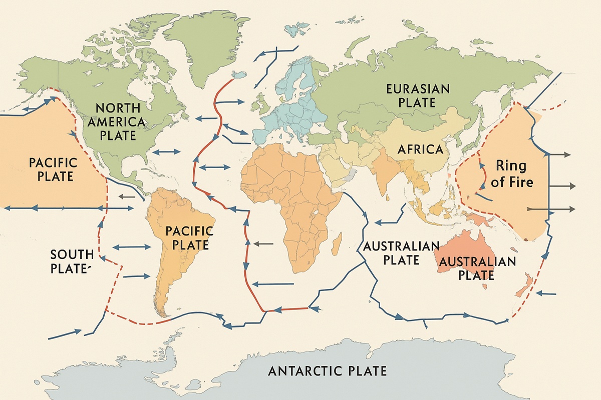 지구의 주요 지각판과 판 경계 유형, 환태평양 화산대를 보여주는 세계 지도