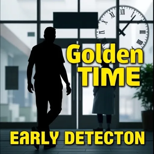 증상을 느끼는 즉시 병원을 찾아 상담하고 진료를 받는 모습을 보여줍니다. 병원 문을 향해 걸어가는 사람의 실루엣이나, 의사와 환자가 대화하는 모습, 그리고 강조된 '골든 타임' 혹은 '조기 발견' 문구를 포함할 수 있습니다.