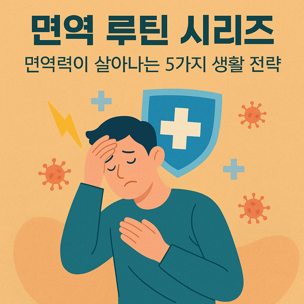 면역력 향상을 위한 5가지 루틴 전략을 소개하는 한국어 인포그래픽 이미지로, 장 건강, 비타민D, 수면, 항염 식습관, 계절 면역관리 요소가 포함된 플랫 스타일 일러스트