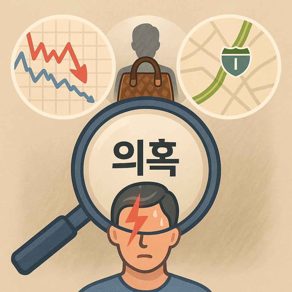 돋보기로 주가 그래프, 명품 가방, 그리고 고속도로 노선도를 차례로 비추는 그래픽