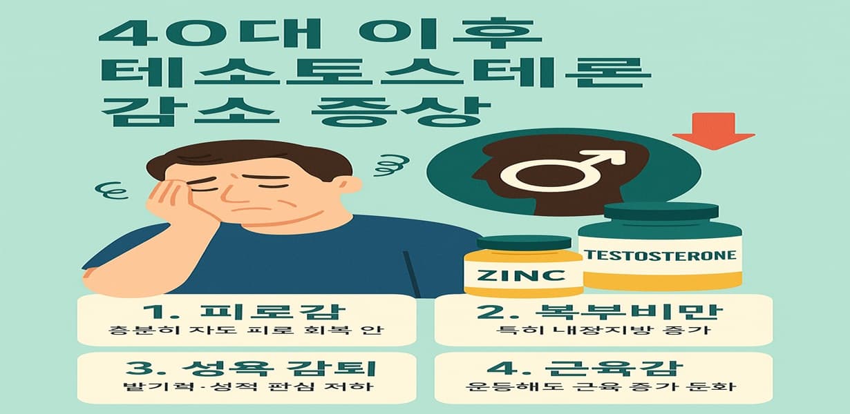 피로감, 복부비만, 성욕 감퇴, 근육감소 등 40대 남성의 테스토스테론 저하 증상을 설명한 인포그래픽