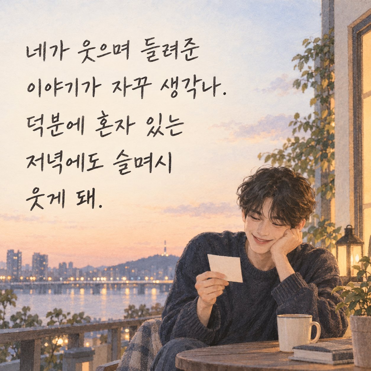 연인에게 보내는 저녁 인사 이미지 27 — 네가 웃으며 들려준 이야기가 자꾸 생각나. 덕분에 혼자 있는 저녁에도 슬며시 웃게 돼.