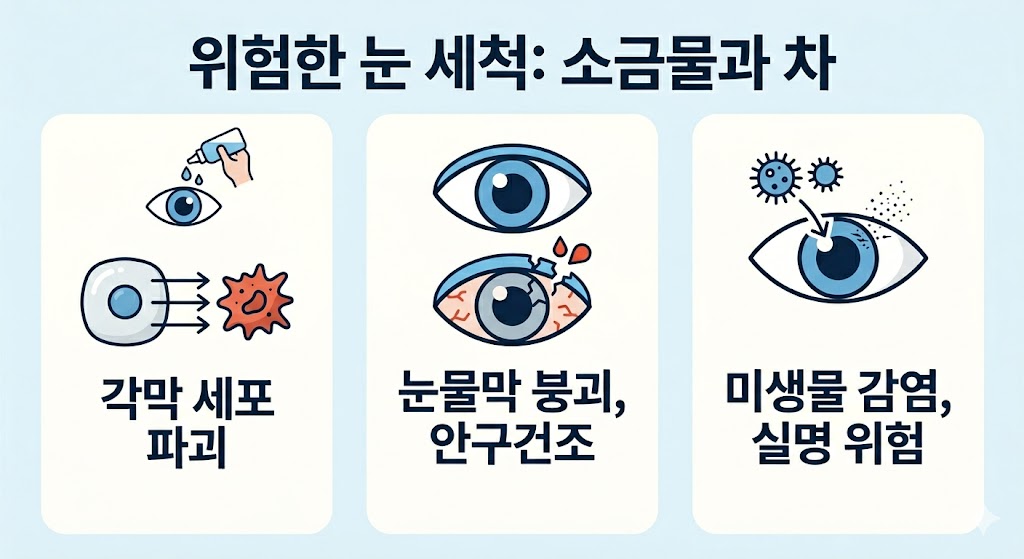 위험한 눈 세척의 부작용을 경고하는 인포그래픽 이미지입니다. 왼쪽부터 삼투압으로 파괴되는 각막 세포, 보호막이 무너져 건조해진 눈, 미생물에 감염된 눈의 모습을 단순한 아이콘으로 표현했습니다. 소금물과 차 세척이 실명 위협과 안구 손상을 초래한다는 핵심 내용을 가독성 높은 큰 글씨로 설명하고 있습니다.