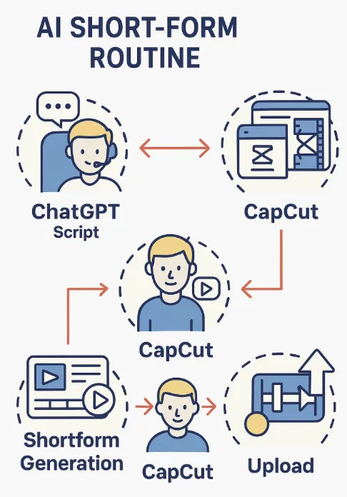 "AI 숏폼 자동화 루틴 – ChatGPT 대본 생성, HeyGen 아바타 영상, CapCut 편집, 업로드까지 시각화된 흐름도"