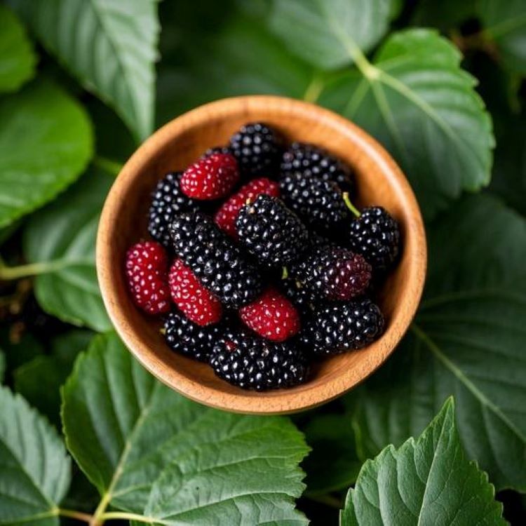 검은 보라색의 싱싱한 오디 열매들이 나무 그릇에 담겨있고, 배경에는 푸른 뽕나무 잎들이 자연스럽게 배치된 모습. 건강하고 신선한 느낌을 주는 자연광 아래에서 촬영된 이미지.