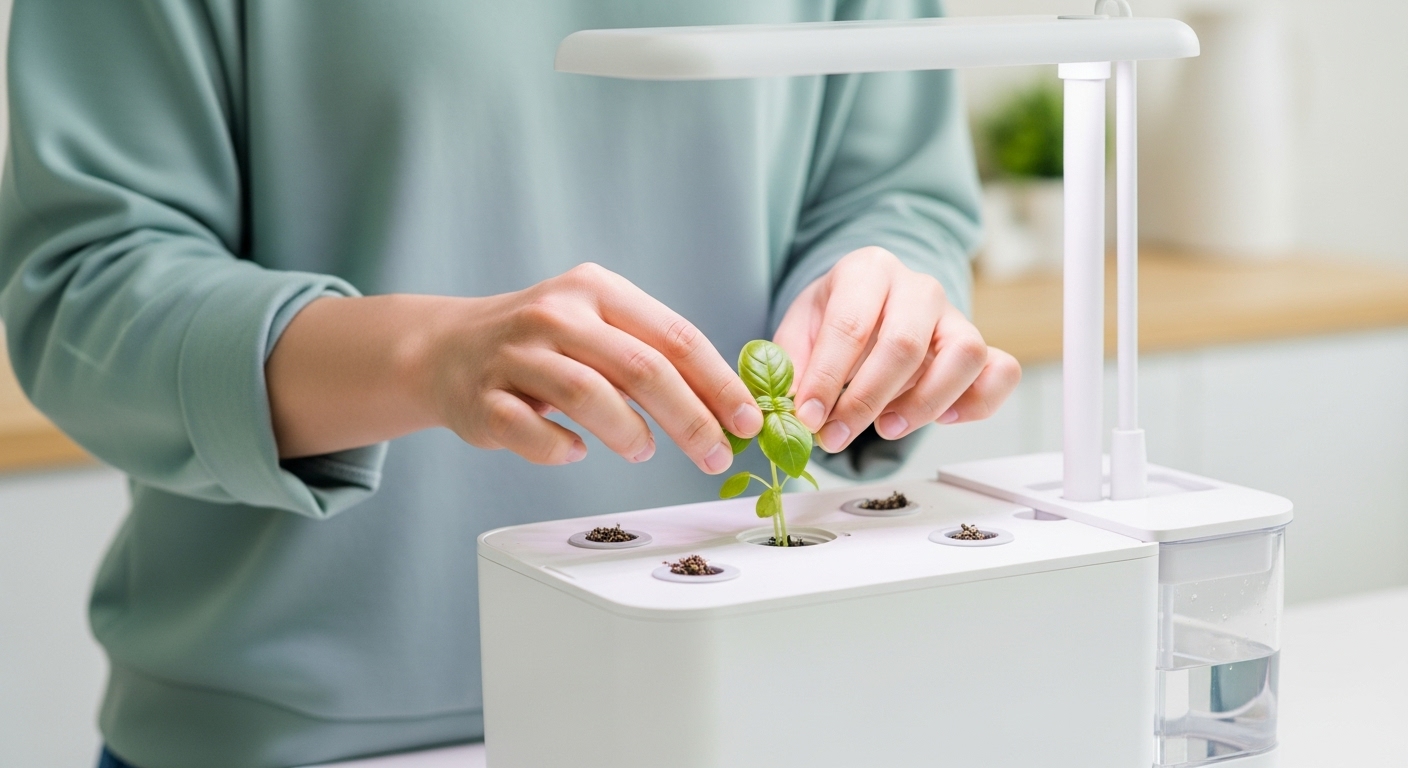 한국인 손이 스마트팜 재배기 성장 포트에 바질 모종을 쉽게 심는 모습