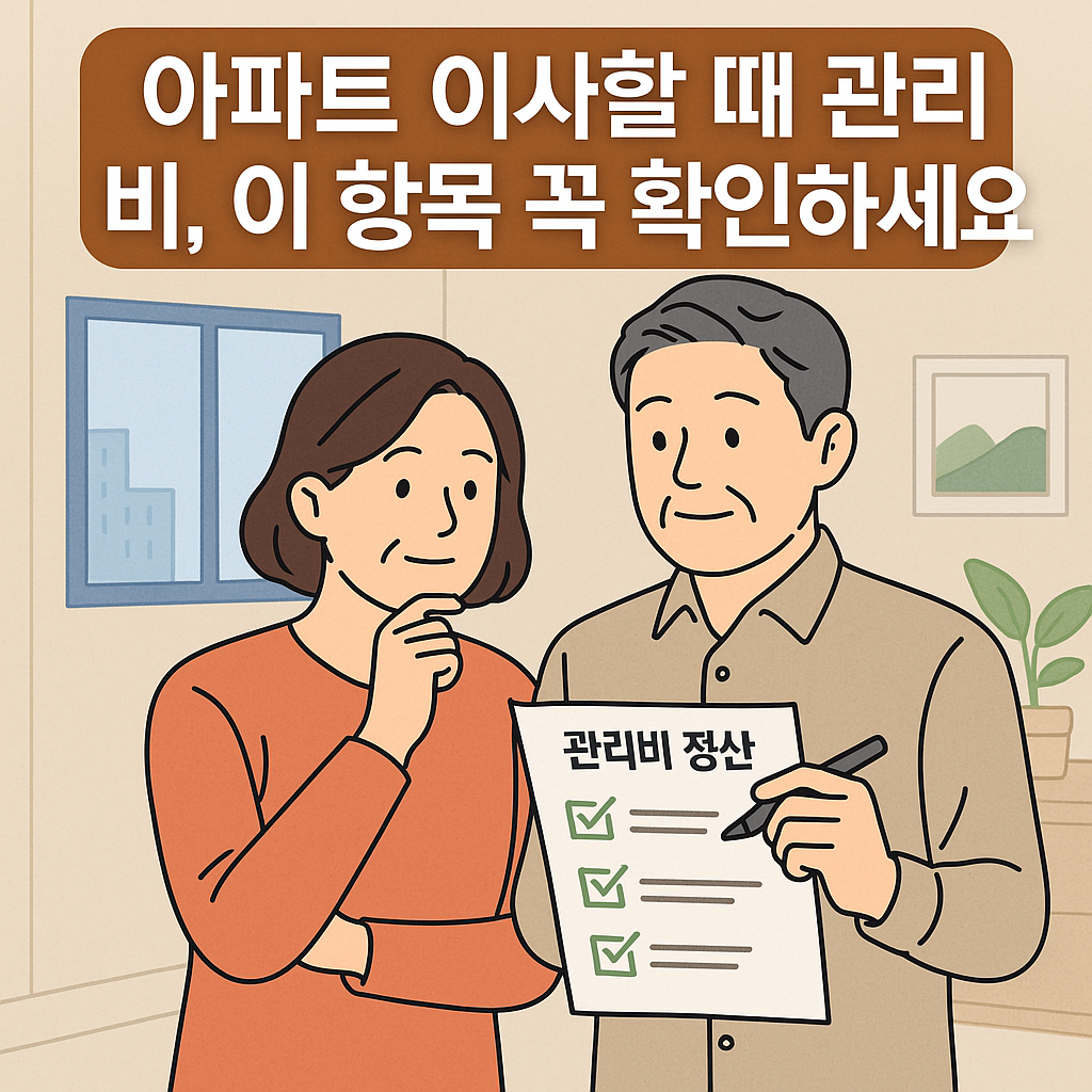 장기수선충당금-아파트 이사 준비 중 관리비 정산 체크리스트를 보는 중년 부부 모습