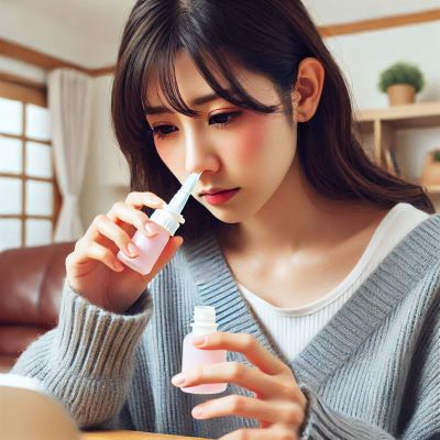 젊은 여성이 알레르기 비염으로 코세척을 하고 있다.