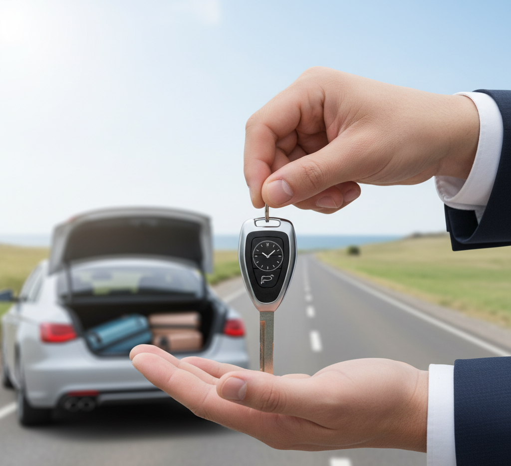자동차 키를 건네주는 모습. 단기(임시)운전자 특약의 필요성을 상징하며, 키 위에는 '임시'를 뜻하는 시계 아이콘이 있다.