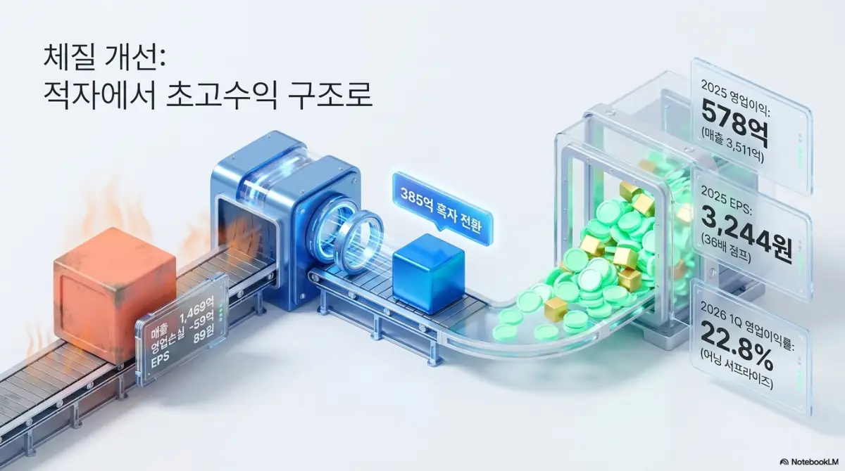 테스 주가 전망: 테스 실적이 적자에서 고수익 구조로 바뀐 과정을 보여주는 이미지. 2023년 영업손실 59억에서 2024년 385억 흑자 전환, 2025년 영업이익 578억과 EPS 3,244원, 2026년 1분기 영업이익률 22.8%까지 체질 개선 흐름을 시각화해 테스 실적 변화를 설명함