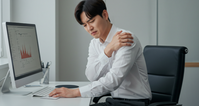 컴퓨터 앞에서 어깨 통증을 느끼는 사람